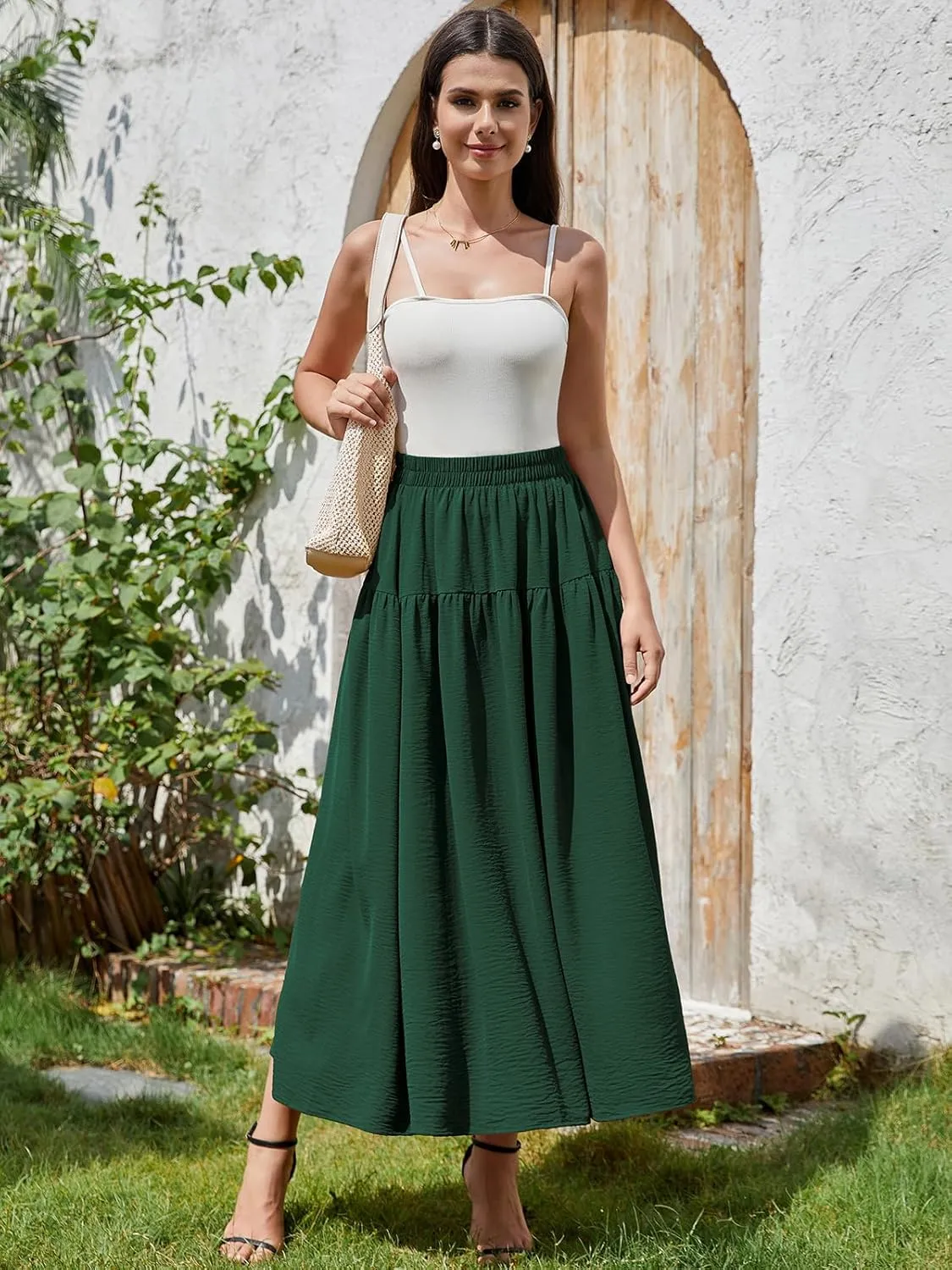 EeYu Tiered Maxi Skirt for Women 2025 Summer Elastic Waist A-line Beach Casual Flowy Swing Pleated Long Skirts with Pockets