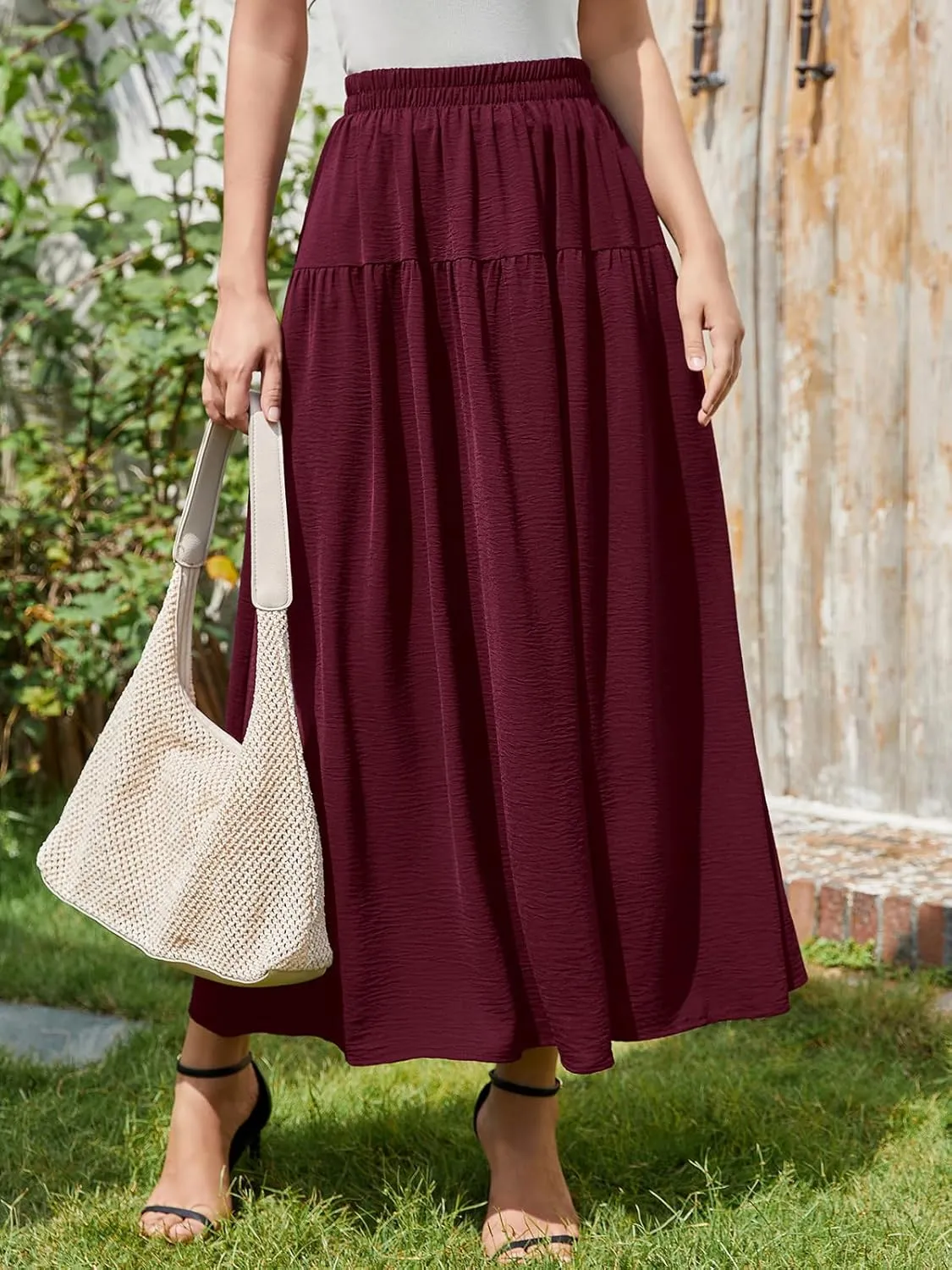 EeYu Tiered Maxi Skirt for Women 2025 Summer Elastic Waist A-line Beach Casual Flowy Swing Pleated Long Skirts with Pockets