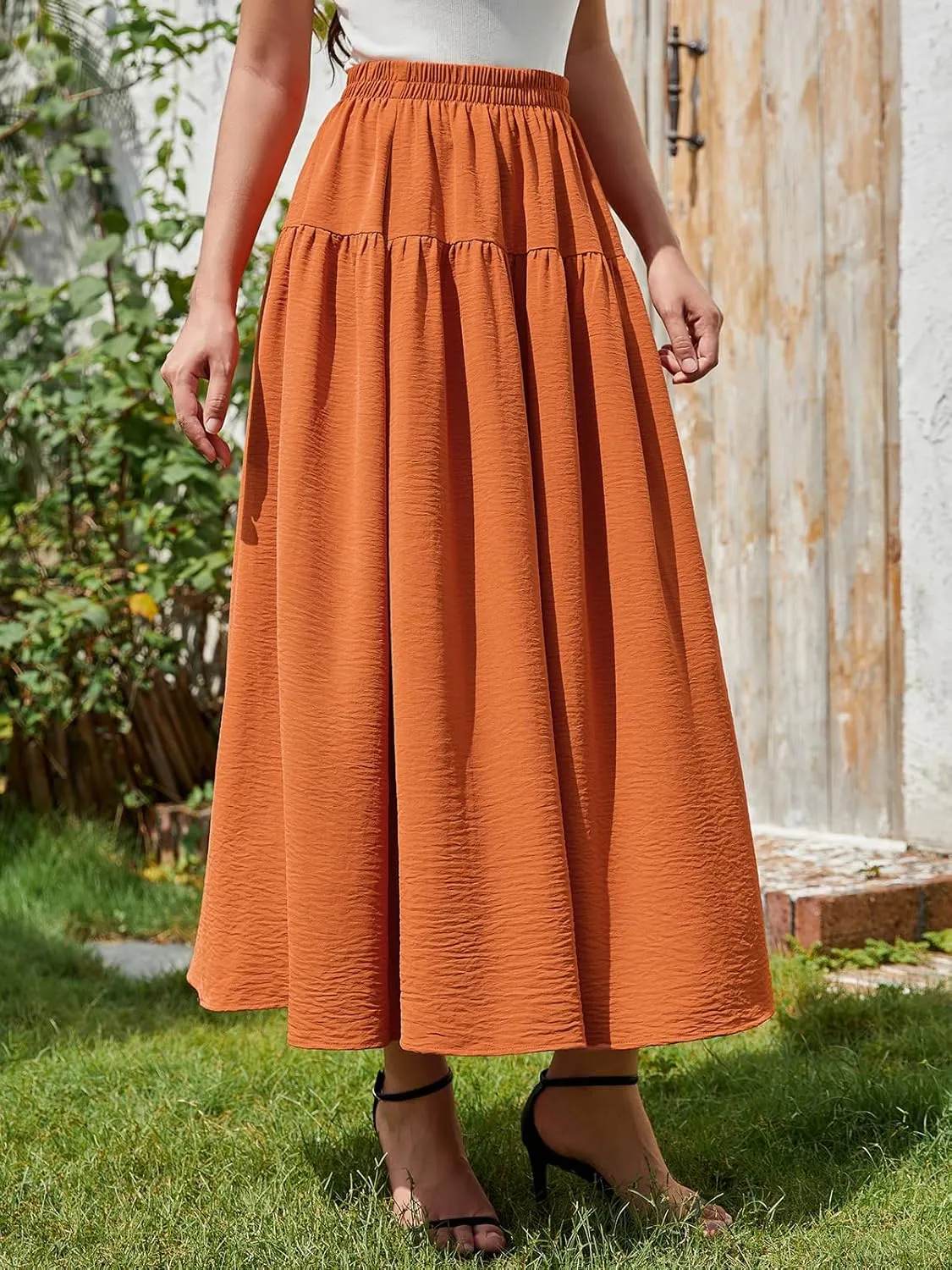 EeYu Tiered Maxi Skirt for Women 2025 Summer Elastic Waist A-line Beach Casual Flowy Swing Pleated Long Skirts with Pockets
