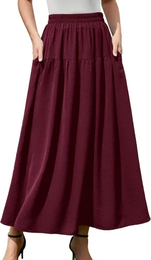 EeYu Tiered Maxi Skirt for Women 2025 Summer Elastic Waist A-line Beach Casual Flowy Swing Pleated Long Skirts with Pockets