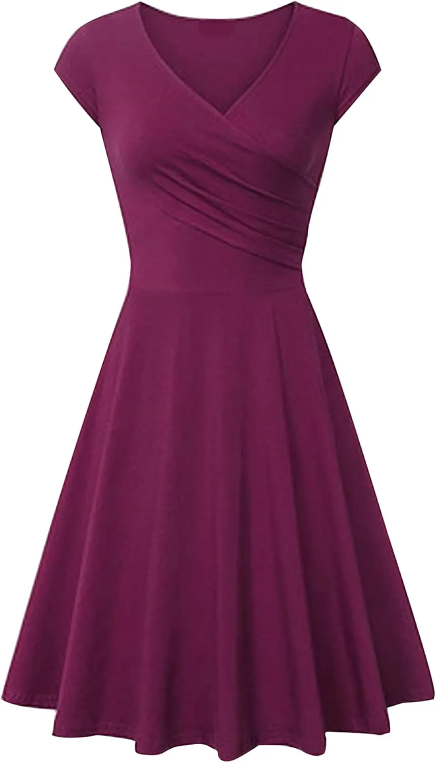 EFOFEI Womens 1950s Cap Sleeve Solid Color Dress Wrap V Neck Cocktail Dress A Line Swing Midi Dresses