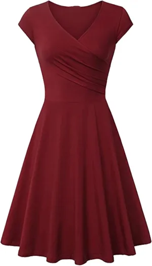 EFOFEI Womens 1950s Cap Sleeve Solid Color Dress Wrap V Neck Cocktail Dress A Line Swing Midi Dresses
