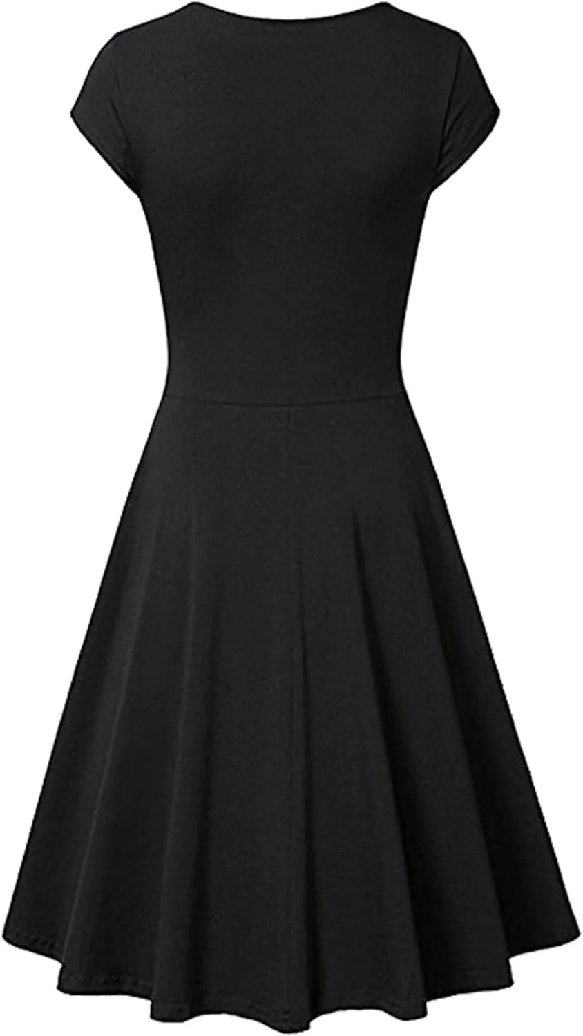 EFOFEI Womens 1950s Cap Sleeve Solid Color Dress Wrap V Neck Cocktail Dress A Line Swing Midi Dresses