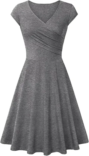 EFOFEI Womens 1950s Cap Sleeve Solid Color Dress Wrap V Neck Cocktail Dress A Line Swing Midi Dresses