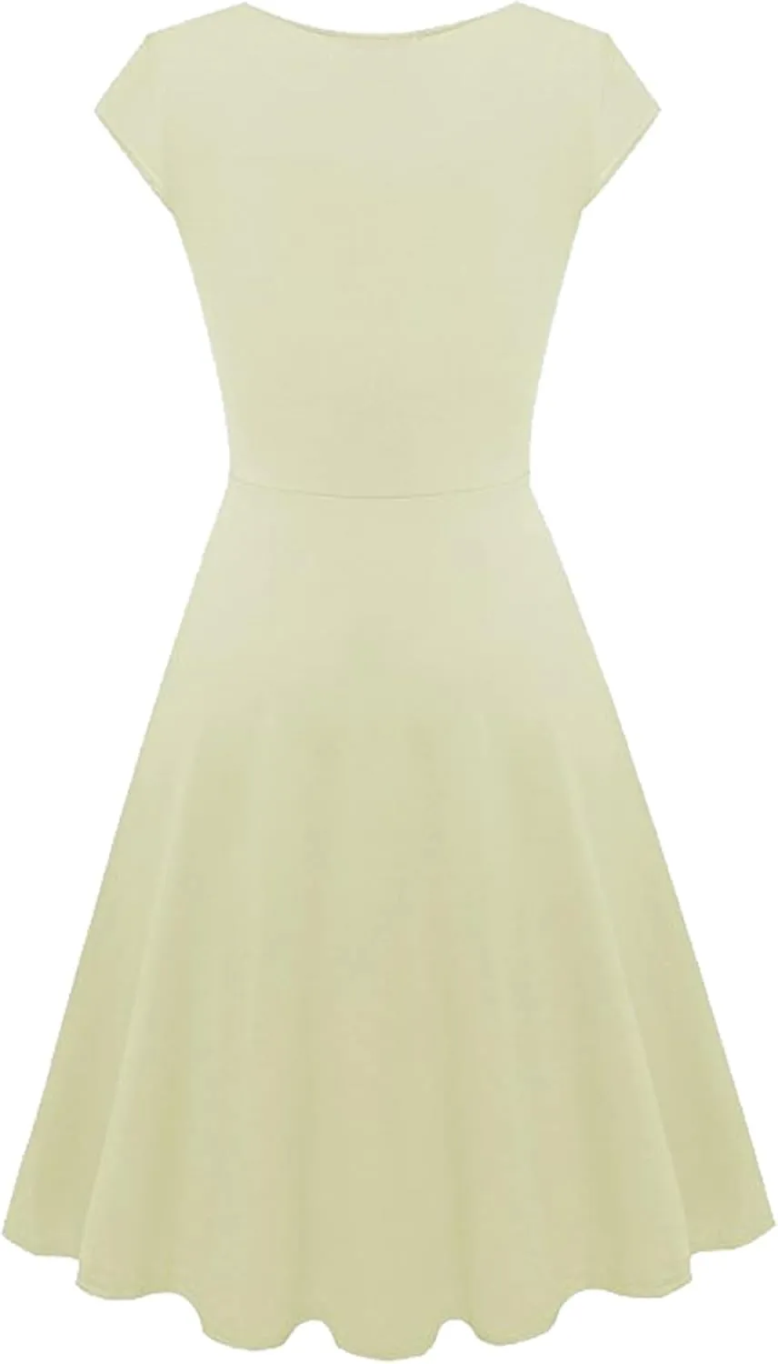 EFOFEI Womens 1950s Cap Sleeve Solid Color Dress Wrap V Neck Cocktail Dress A Line Swing Midi Dresses