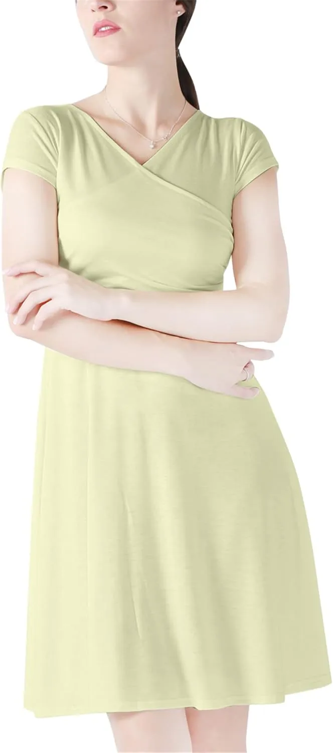 EFOFEI Womens 1950s Cap Sleeve Solid Color Dress Wrap V Neck Cocktail Dress A Line Swing Midi Dresses