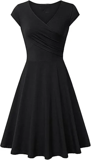 EFOFEI Womens 1950s Cap Sleeve Solid Color Dress Wrap V Neck Cocktail Dress A Line Swing Midi Dresses