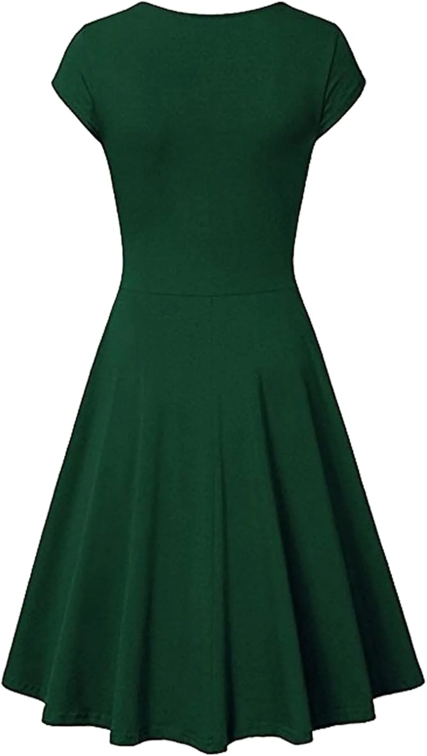 EFOFEI Womens 1950s Cap Sleeve Solid Color Dress Wrap V Neck Cocktail Dress A Line Swing Midi Dresses