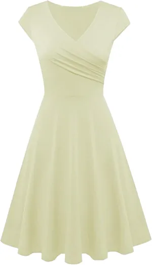 EFOFEI Womens 1950s Cap Sleeve Solid Color Dress Wrap V Neck Cocktail Dress A Line Swing Midi Dresses
