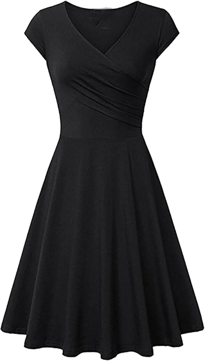 EFOFEI Womens 1950s Cap Sleeve Solid Color Dress Wrap V Neck Cocktail Dress A Line Swing Midi Dresses