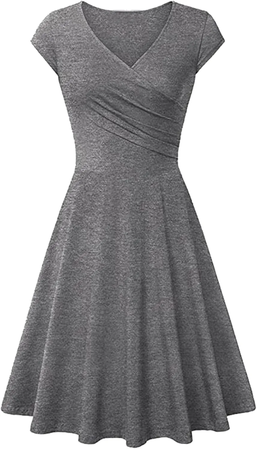 EFOFEI Womens 1950s Cap Sleeve Solid Color Dress Wrap V Neck Cocktail Dress A Line Swing Midi Dresses