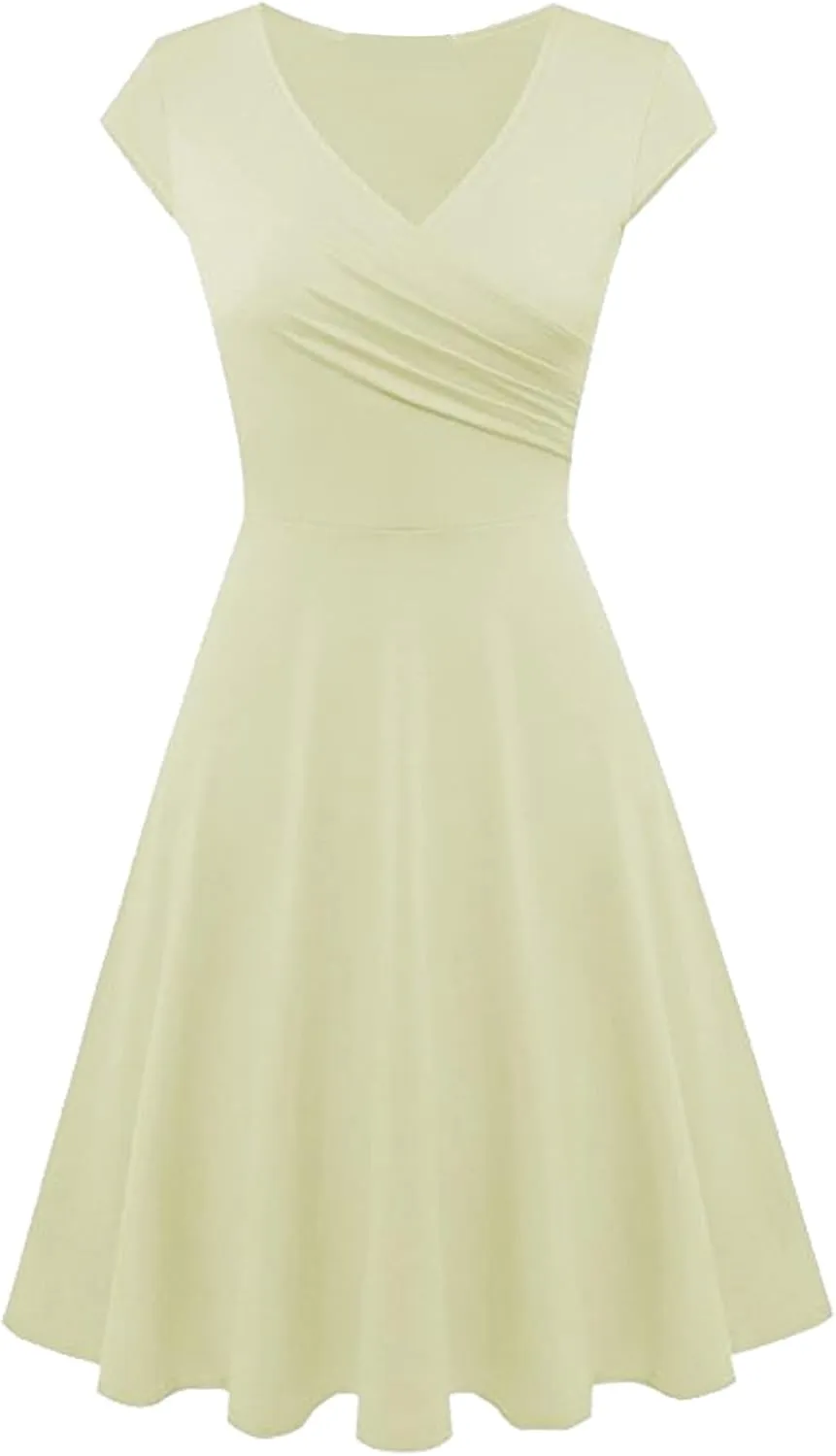 EFOFEI Womens 1950s Cap Sleeve Solid Color Dress Wrap V Neck Cocktail Dress A Line Swing Midi Dresses