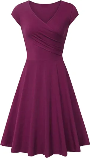 EFOFEI Womens 1950s Cap Sleeve Solid Color Dress Wrap V Neck Cocktail Dress A Line Swing Midi Dresses