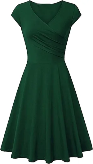 EFOFEI Womens 1950s Cap Sleeve Solid Color Dress Wrap V Neck Cocktail Dress A Line Swing Midi Dresses