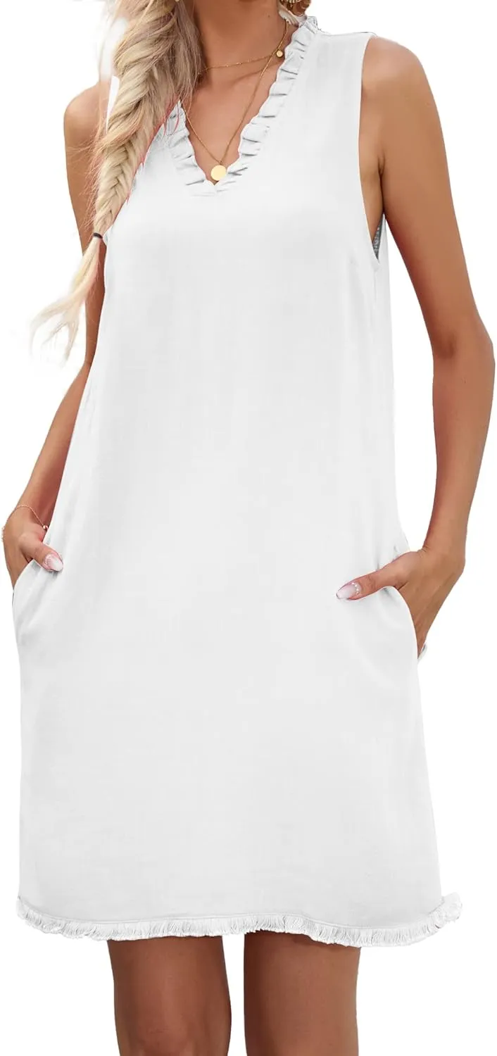 Famulily Women Cute Sleeveless Ruffled Deep V Neck Dresses Cotton Linen Dress for Summer Casual Shift Dress with Pockets