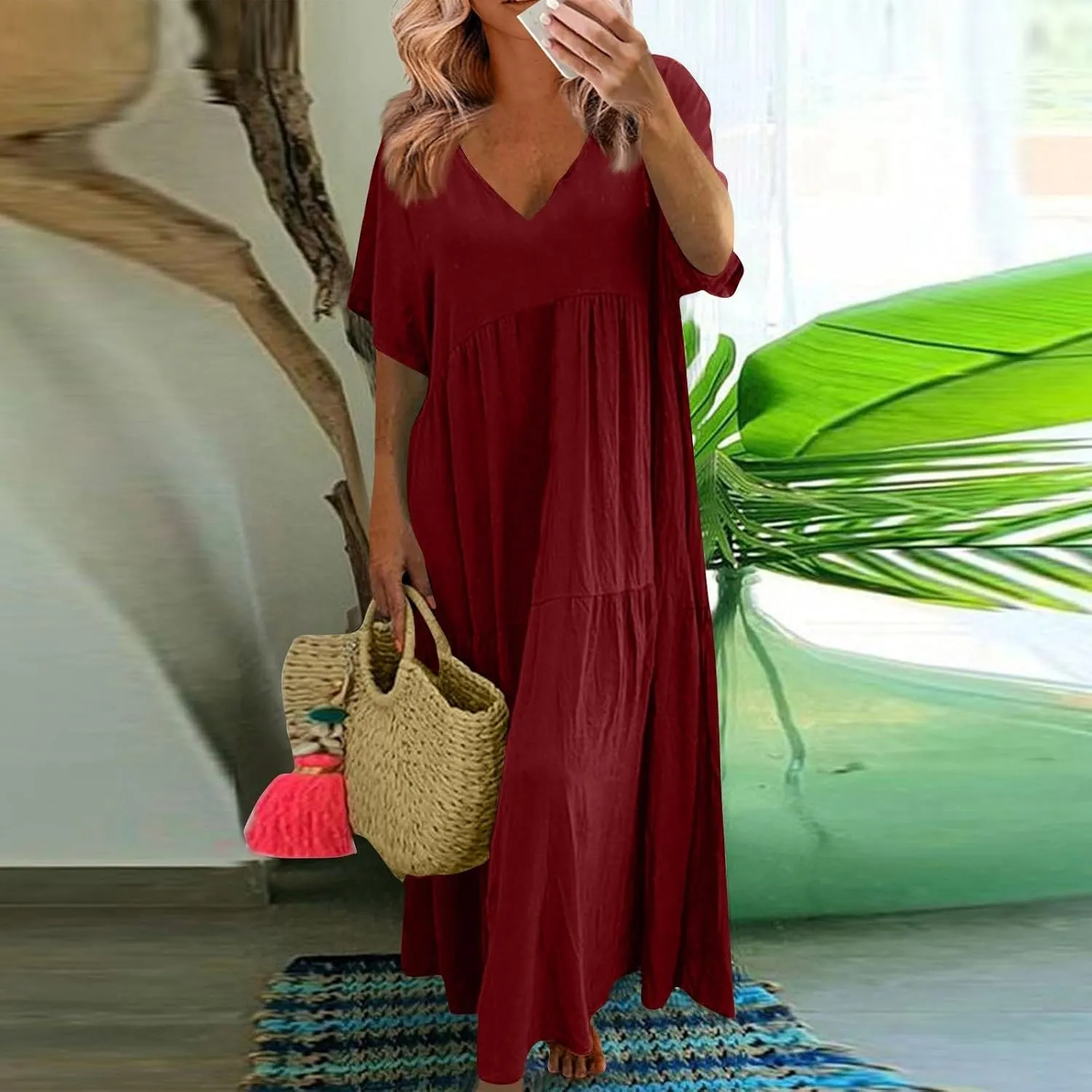 fanmpghleoo Plus Size Dresses for Curvy Women V Neck Beach Tshirt Linen Dress Summer Flowy Tiered Short Sleeve Maxi Dresses
