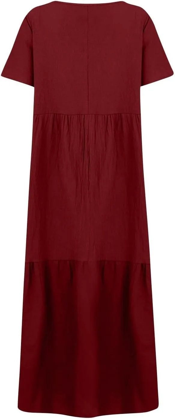 fanmpghleoo Plus Size Dresses for Curvy Women V Neck Beach Tshirt Linen Dress Summer Flowy Tiered Short Sleeve Maxi Dresses