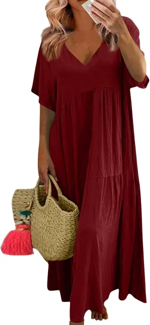fanmpghleoo Plus Size Dresses for Curvy Women V Neck Beach Tshirt Linen Dress Summer Flowy Tiered Short Sleeve Maxi Dresses