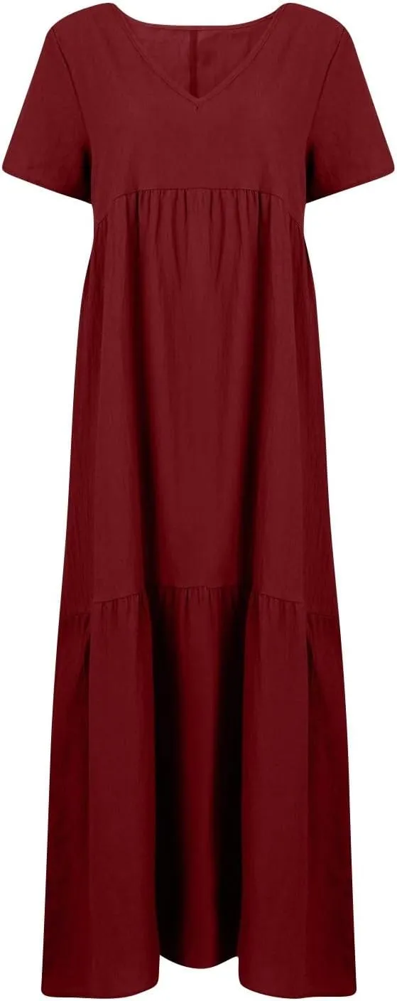 fanmpghleoo Plus Size Dresses for Curvy Women V Neck Beach Tshirt Linen Dress Summer Flowy Tiered Short Sleeve Maxi Dresses