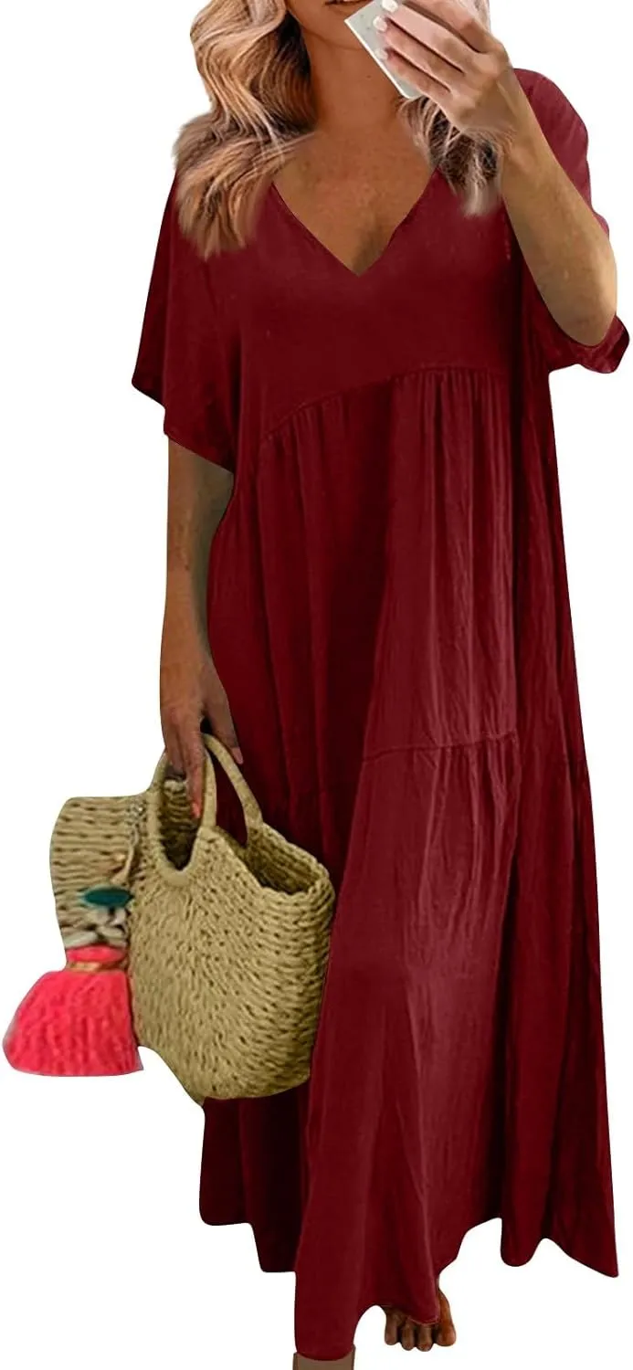 fanmpghleoo Plus Size Dresses for Curvy Women V Neck Beach Tshirt Linen Dress Summer Flowy Tiered Short Sleeve Maxi Dresses