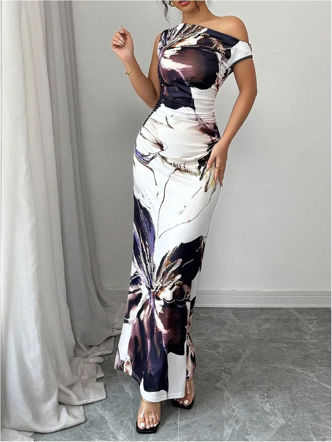 Floerns Women's Floral Asymmetrical Neck Bodycon Dress Ruched Slit Hem Boho Maxi Dresses