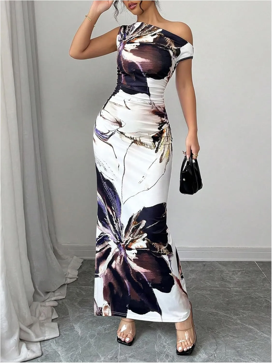 Floerns Women's Floral Asymmetrical Neck Bodycon Dress Ruched Slit Hem Boho Maxi Dresses