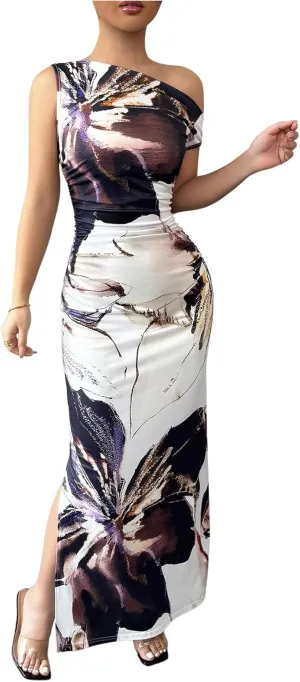 Floerns Women's Floral Asymmetrical Neck Bodycon Dress Ruched Slit Hem Boho Maxi Dresses