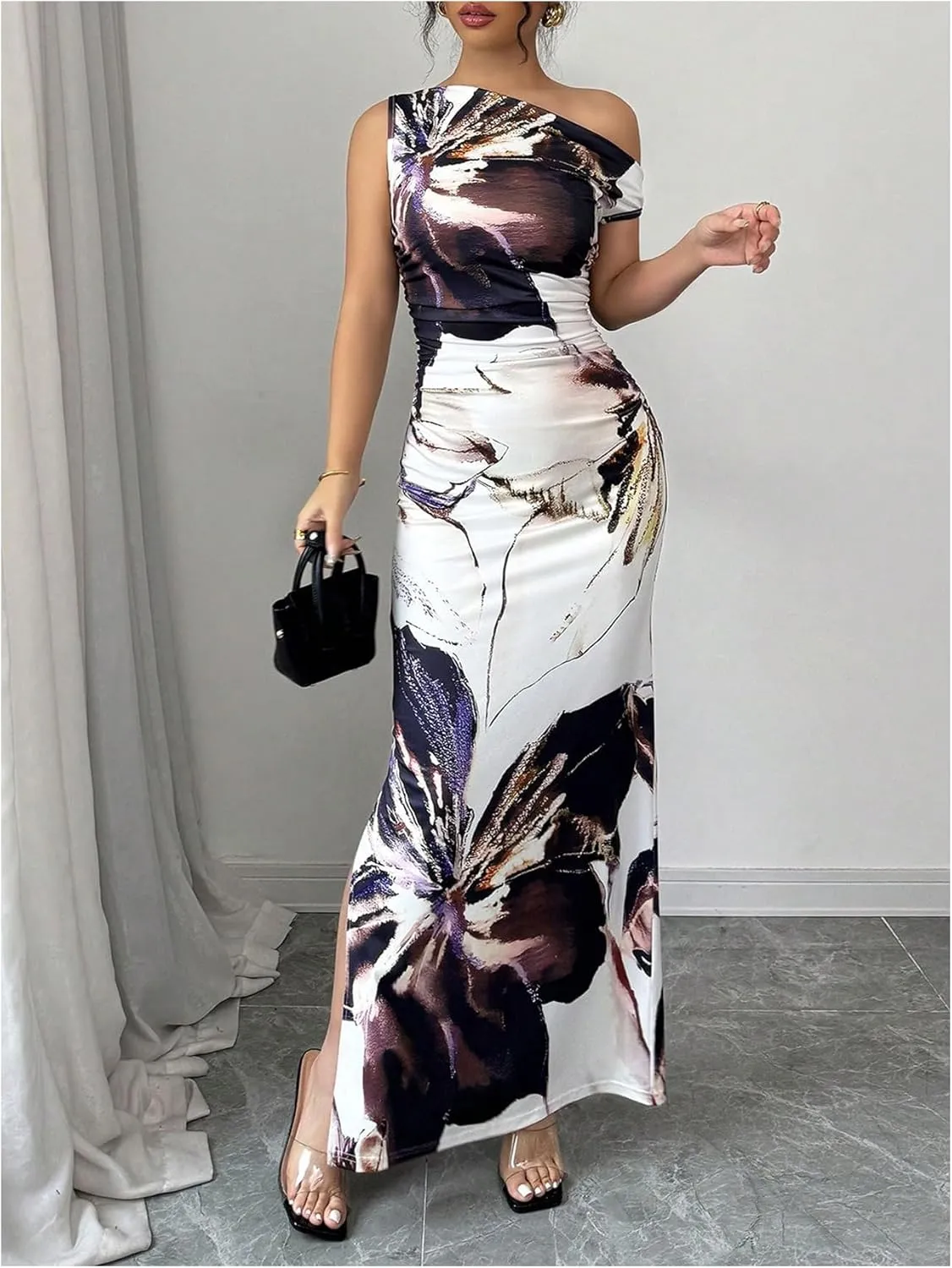Floerns Women's Floral Asymmetrical Neck Bodycon Dress Ruched Slit Hem Boho Maxi Dresses