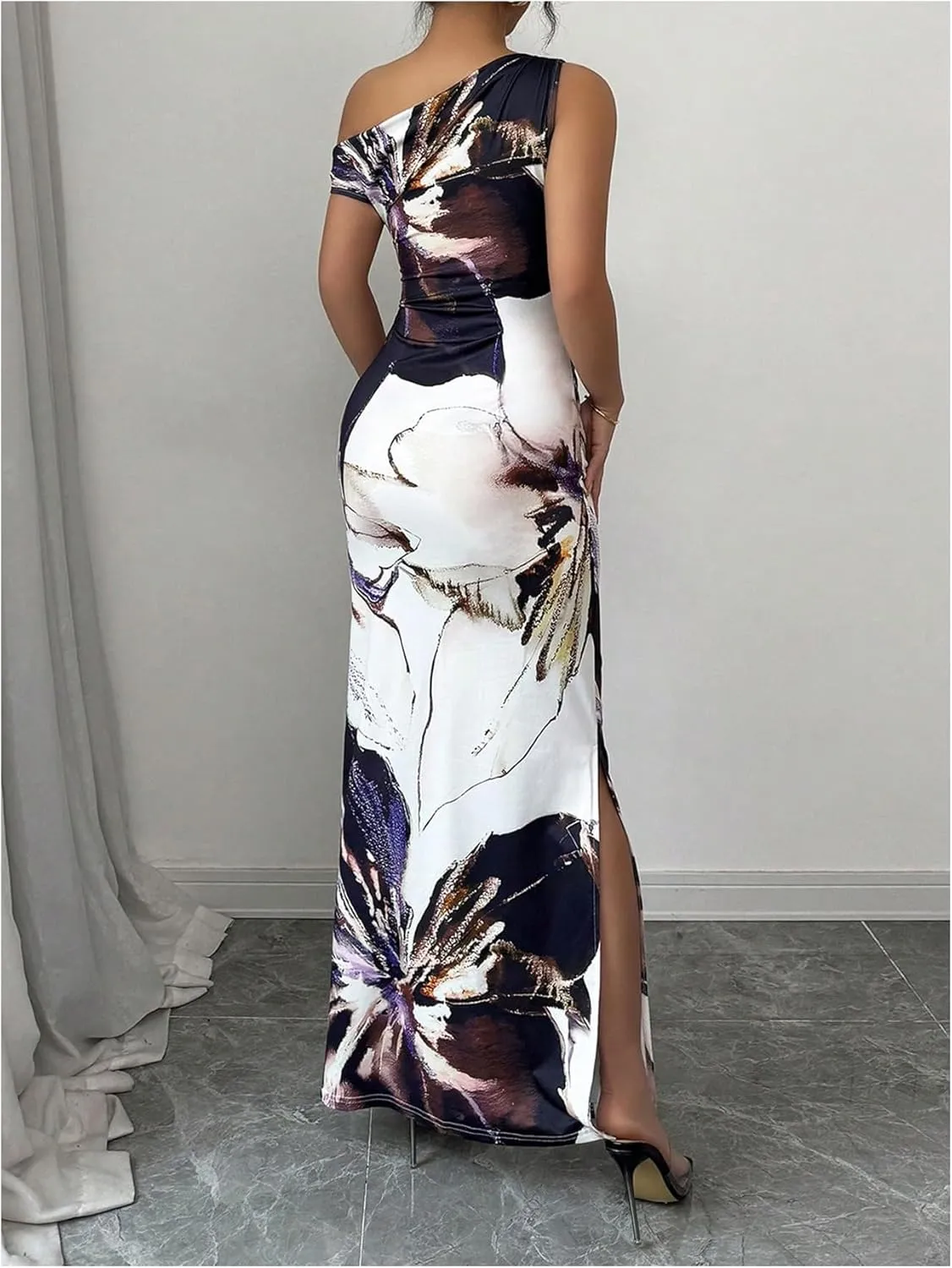 Floerns Women's Floral Asymmetrical Neck Bodycon Dress Ruched Slit Hem Boho Maxi Dresses