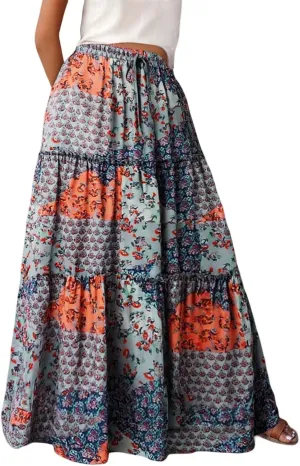 Floral Maxi Skirt for Women Boho Flowy Summer Long Skirt Ruffle Elastic High Waist Vacation Beach A-Line Skirts 2025 Multicolour