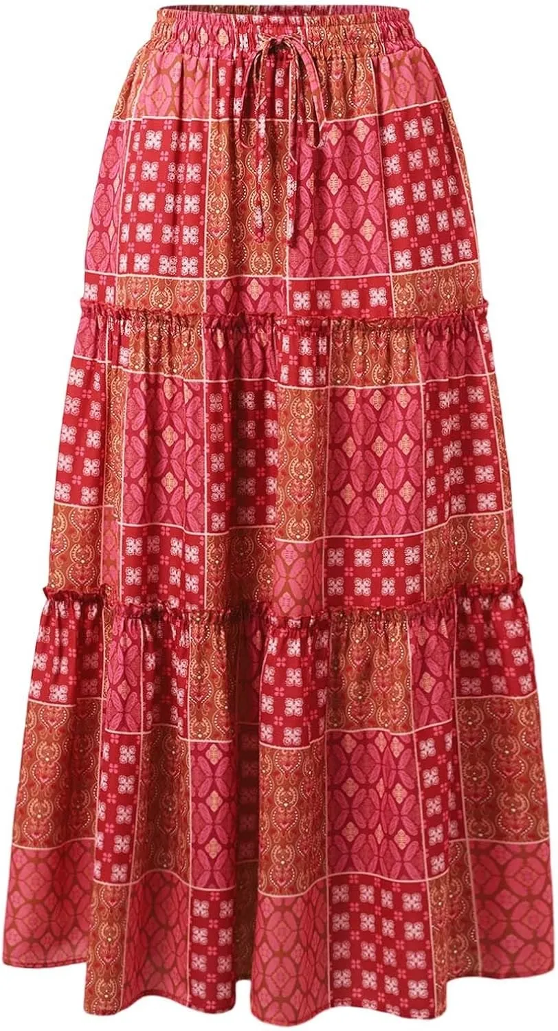 Floral Maxi Skirt for Women Boho Flowy Summer Long Skirt Ruffle Elastic High Waist Vacation Beach A-Line Skirts 2025