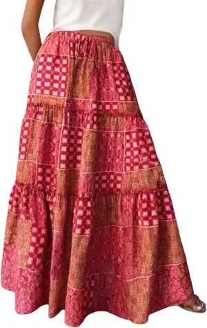 Floral Maxi Skirt for Women Boho Flowy Summer Long Skirt Ruffle Elastic High Waist Vacation Beach A-Line Skirts 2025