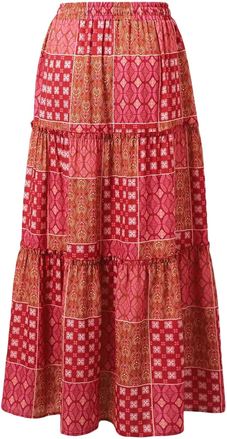 Floral Maxi Skirt for Women Boho Flowy Summer Long Skirt Ruffle Elastic High Waist Vacation Beach A-Line Skirts 2025