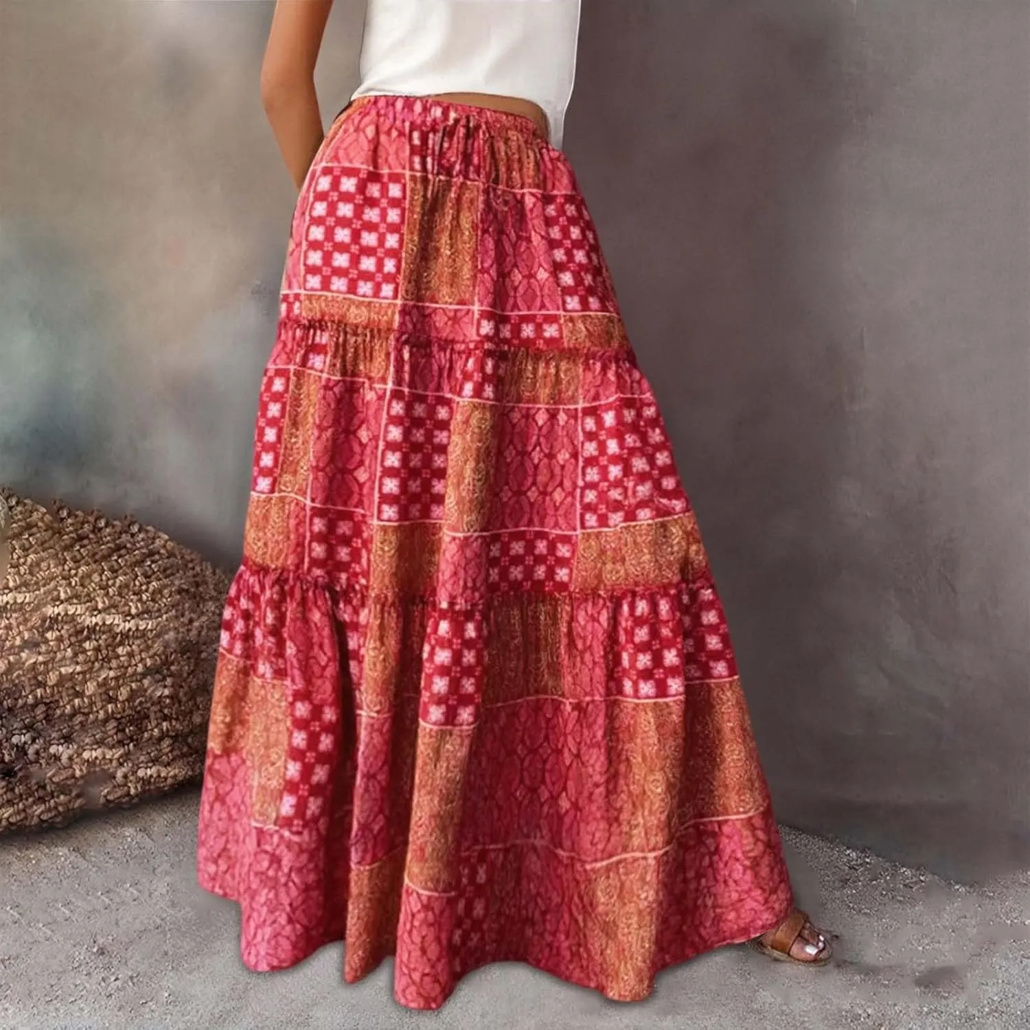 Floral Maxi Skirt for Women Boho Flowy Summer Long Skirt Ruffle Elastic High Waist Vacation Beach A-Line Skirts 2025