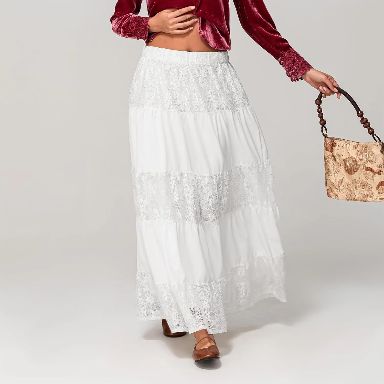 Floral Maxi Skirts for Women Summer Elastic High Waist A-Line Boho Beach Long Skirts Ruffle Flowy Skirts Streetwear