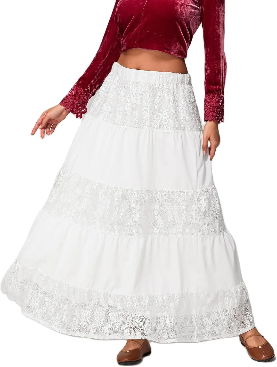 Floral Maxi Skirts for Women Summer Elastic High Waist A-Line Boho Beach Long Skirts Ruffle Flowy Skirts Streetwear