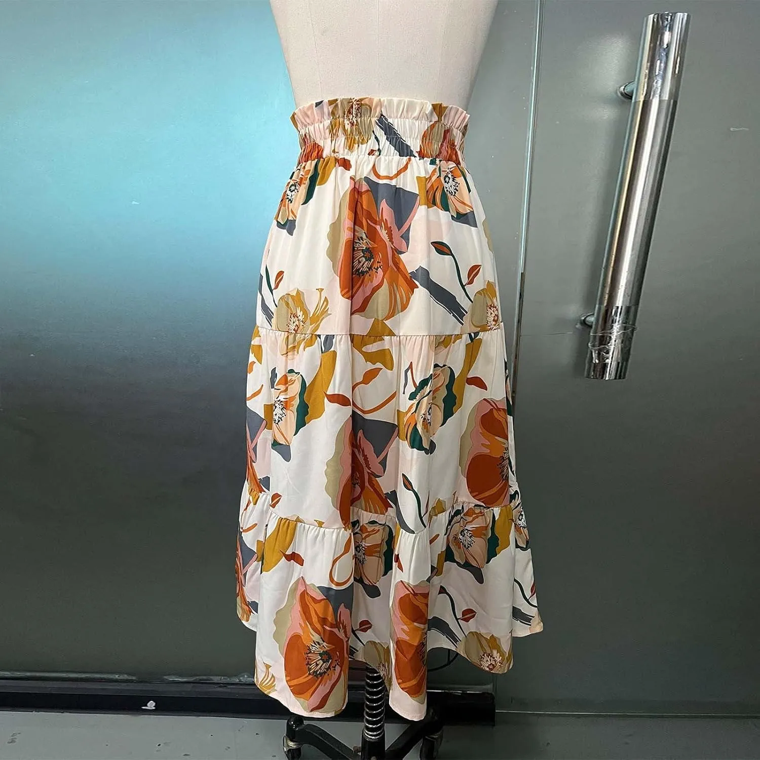 Floral Midi Skirt for Women Summer Boho Flowy Long Skirt Elastic High Waist Vacation A-Line Skirts with Drawstring