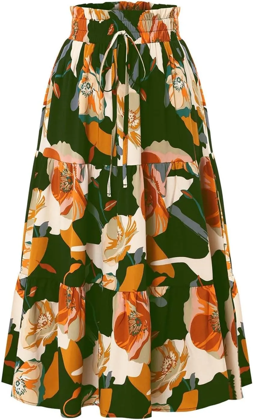Floral Midi Skirt for Women Summer Boho Flowy Long Skirt Elastic High Waist Vacation A-Line Skirts with Drawstring