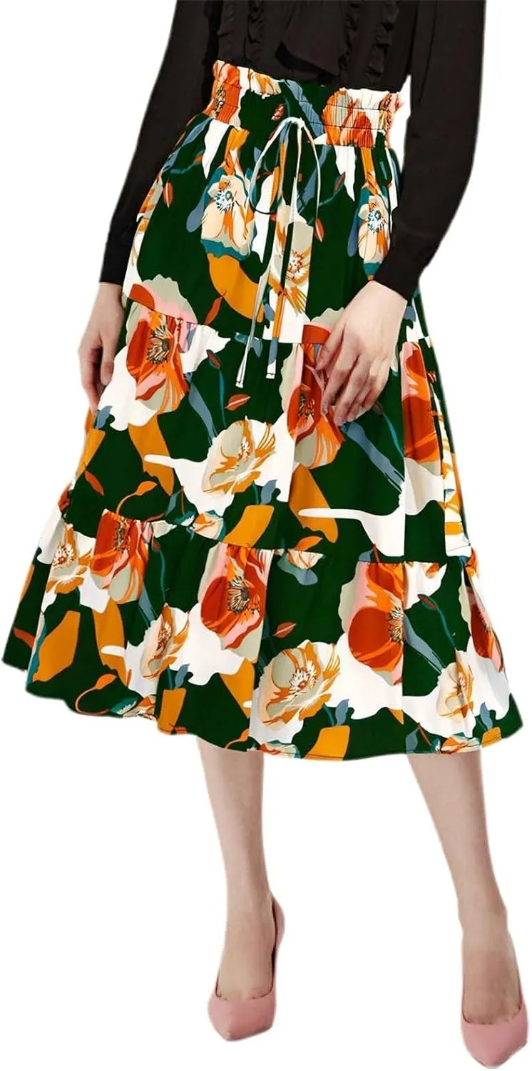 Floral Midi Skirt for Women Summer Boho Flowy Long Skirt Elastic High Waist Vacation A-Line Skirts with Drawstring