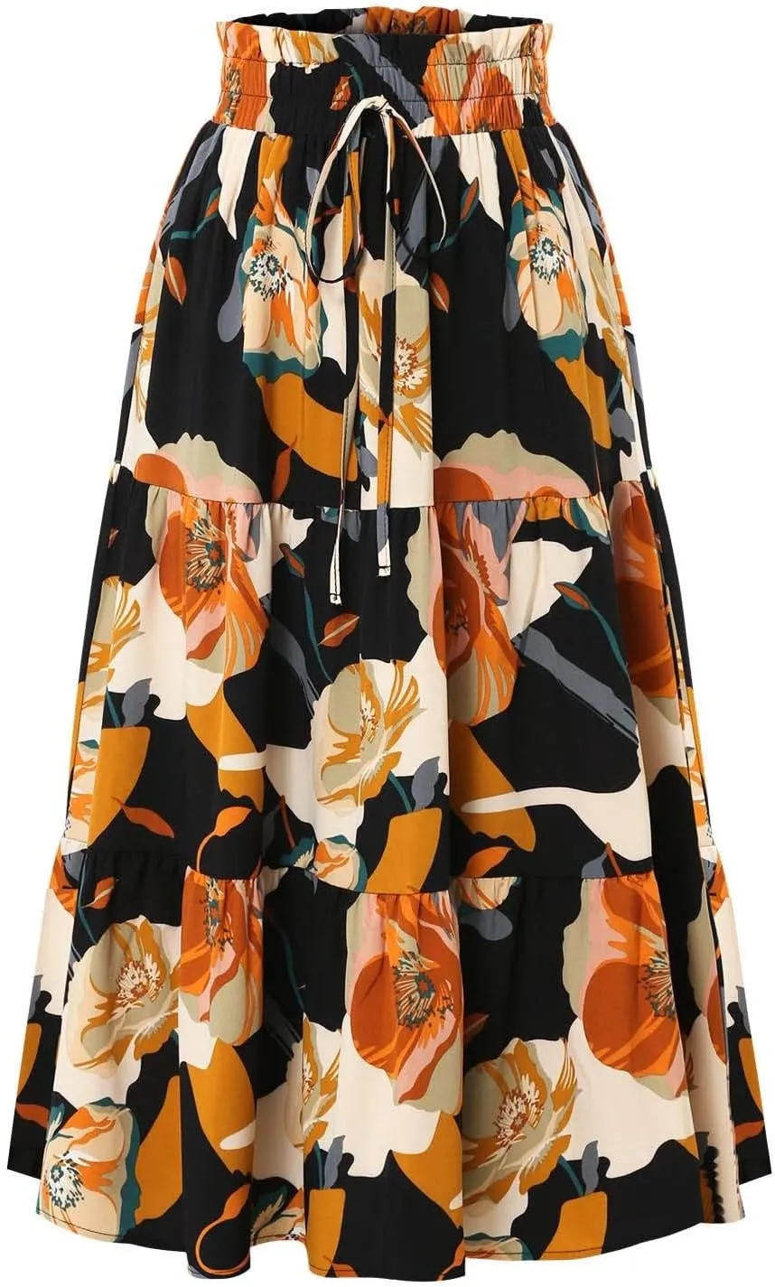 Floral Midi Skirt for Women Summer Boho Flowy Long Skirt Elastic High Waist Vacation A-Line Skirts with Drawstring