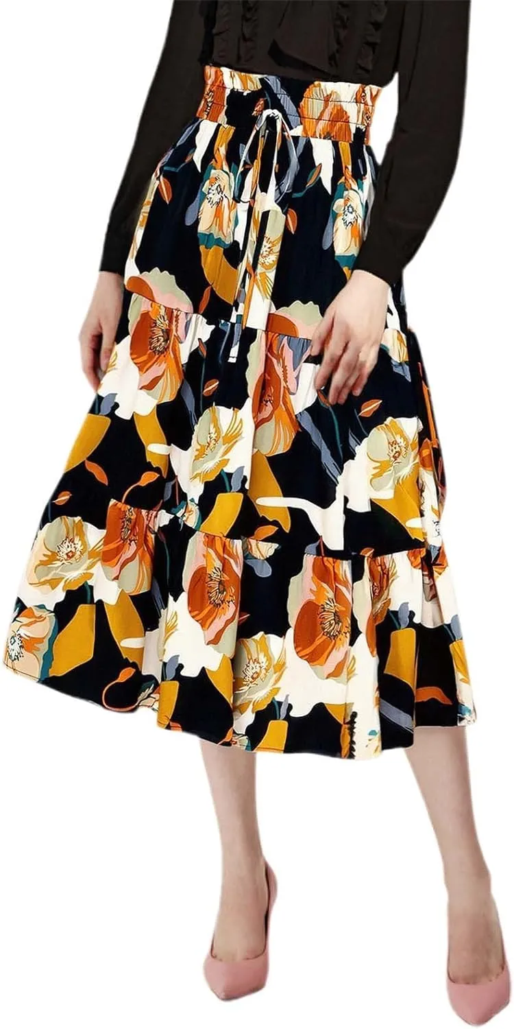 Floral Midi Skirt for Women Summer Boho Flowy Long Skirt Elastic High Waist Vacation A-Line Skirts with Drawstring