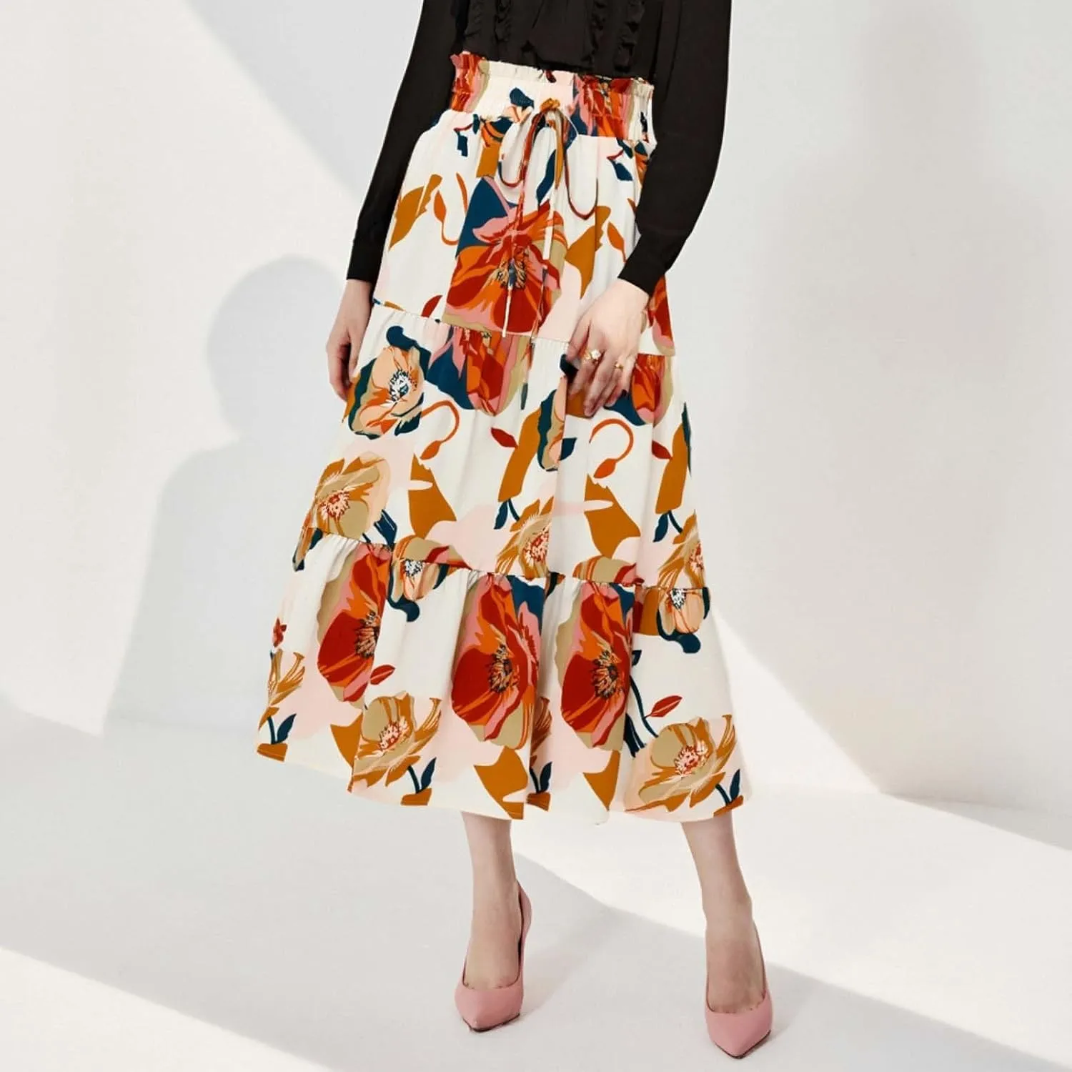 Floral Midi Skirt for Women Summer Boho Flowy Long Skirt Elastic High Waist Vacation A-Line Skirts with Drawstring