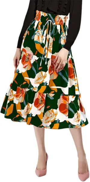 Floral Midi Skirt for Women Summer Boho Flowy Long Skirt Elastic High Waist Vacation A-Line Skirts with Drawstring