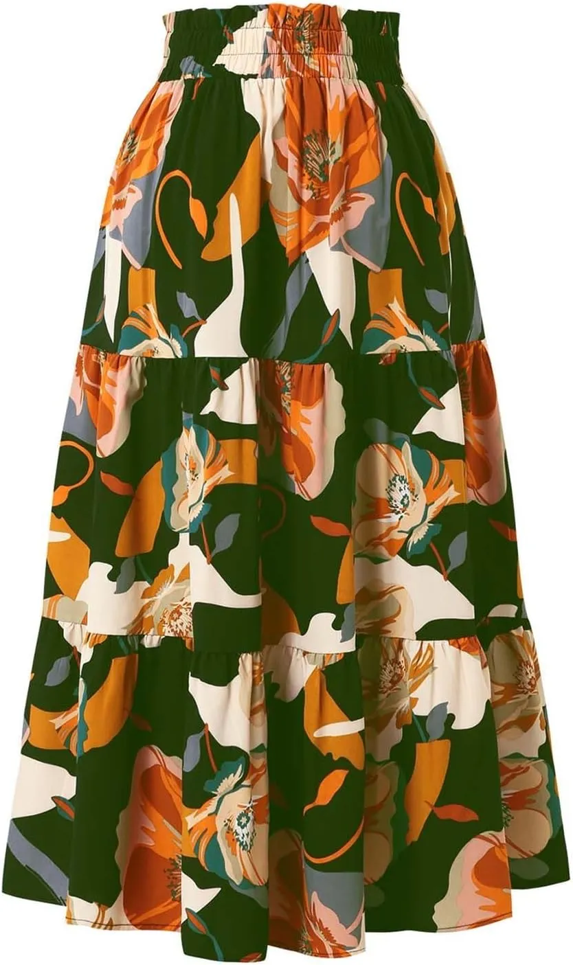 Floral Midi Skirt for Women Summer Boho Flowy Long Skirt Elastic High Waist Vacation A-Line Skirts with Drawstring