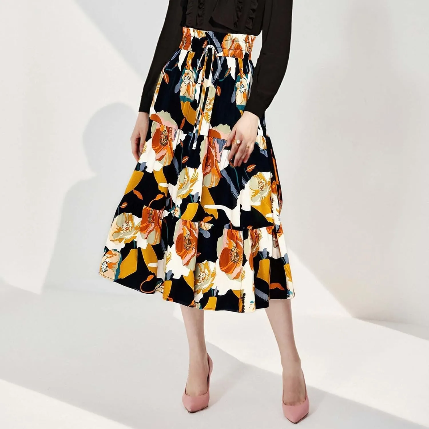 Floral Midi Skirt for Women Summer Boho Flowy Long Skirt Elastic High Waist Vacation A-Line Skirts with Drawstring