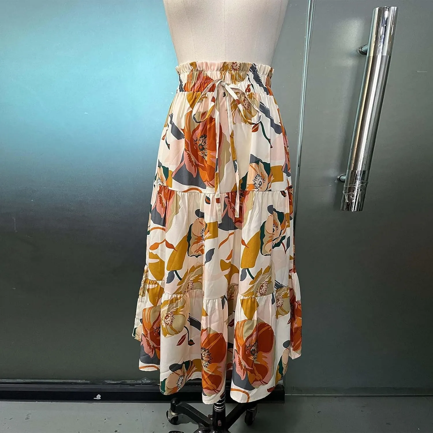 Floral Midi Skirt for Women Summer Boho Flowy Long Skirt Elastic High Waist Vacation A-Line Skirts with Drawstring