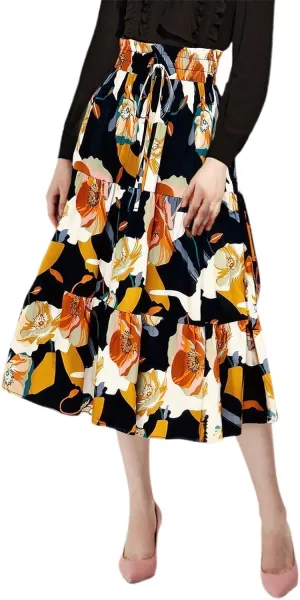 Floral Midi Skirt for Women Summer Boho Flowy Long Skirt Elastic High Waist Vacation A-Line Skirts with Drawstring