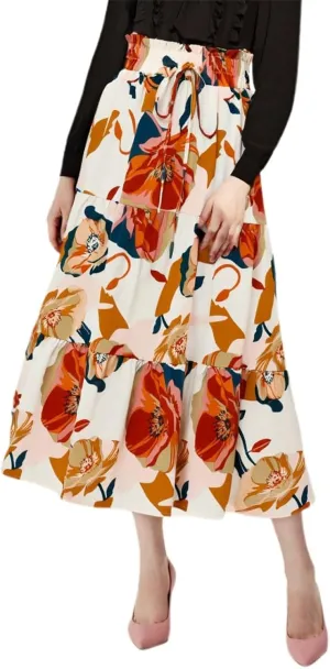 Floral Midi Skirt for Women Summer Boho Flowy Long Skirt Elastic High Waist Vacation A-Line Skirts with Drawstring