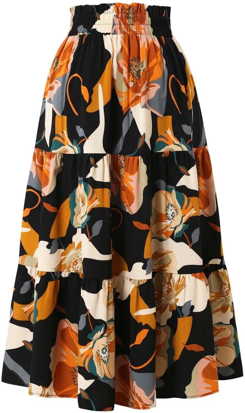 Floral Midi Skirt for Women Summer Boho Flowy Long Skirt Elastic High Waist Vacation A-Line Skirts with Drawstring