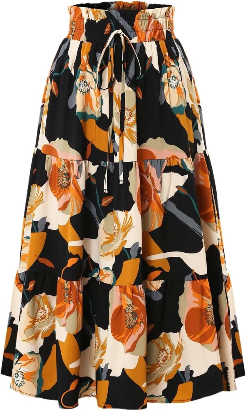 Floral Midi Skirt for Women Summer Boho Flowy Long Skirt Elastic High Waist Vacation A-Line Skirts with Drawstring
